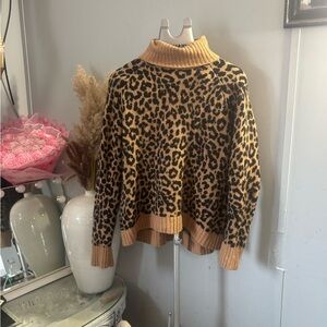 J. Crew Tan and Black Leopard Turtleneck Sweater